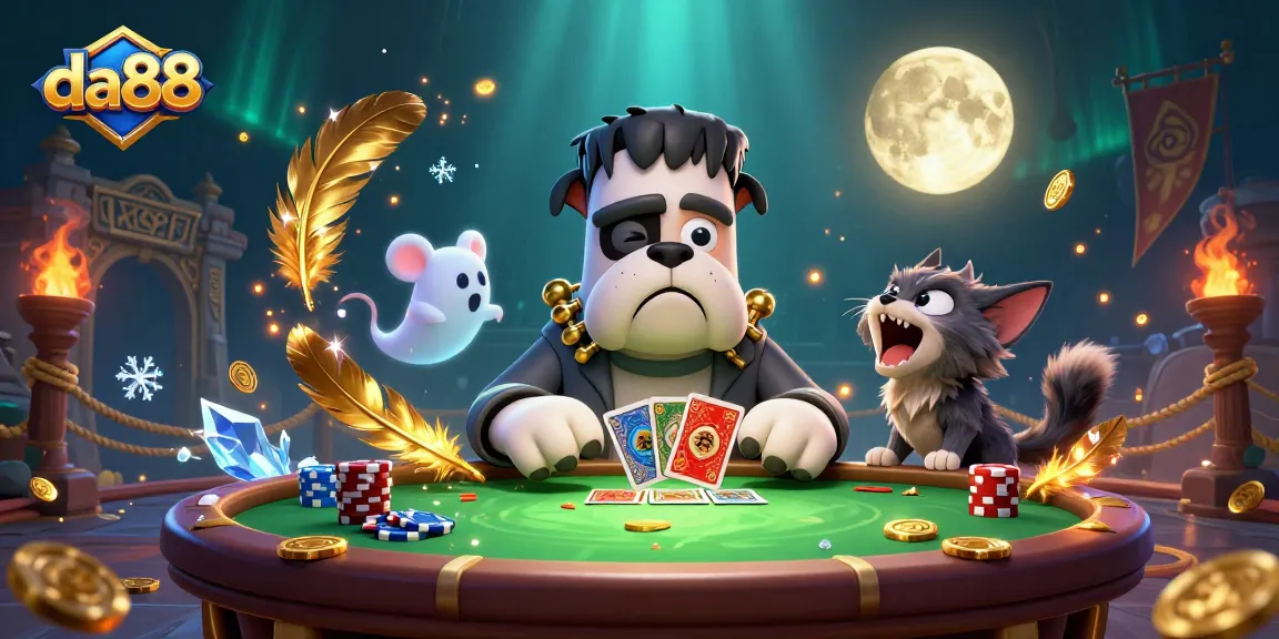 da88's casino-themed scene with a bulldog monster dealing cards, capturing lively gaming action.