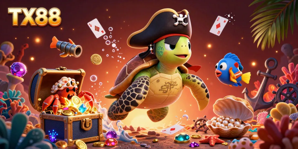 Experience TX88 with the thrilling pirate turtle and treasures in this vibrant underwater scene.