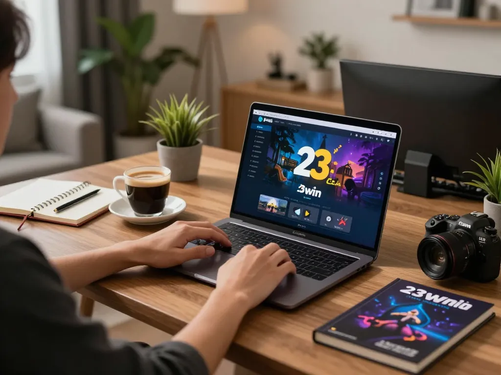 Player engaging with nhà cái 23win on laptop in a cozy home office setup, showcasing responsible gambling.