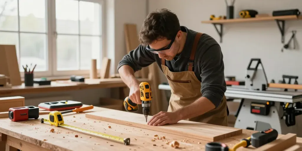 Avvitatore Dewalt utilizzato da un artigiano in un laboratorio ben illuminato.
