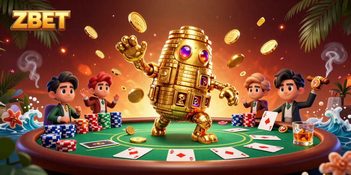 ZBET captures the thrill of betting with a golden golem and rich casino elements, showcasing poker action.