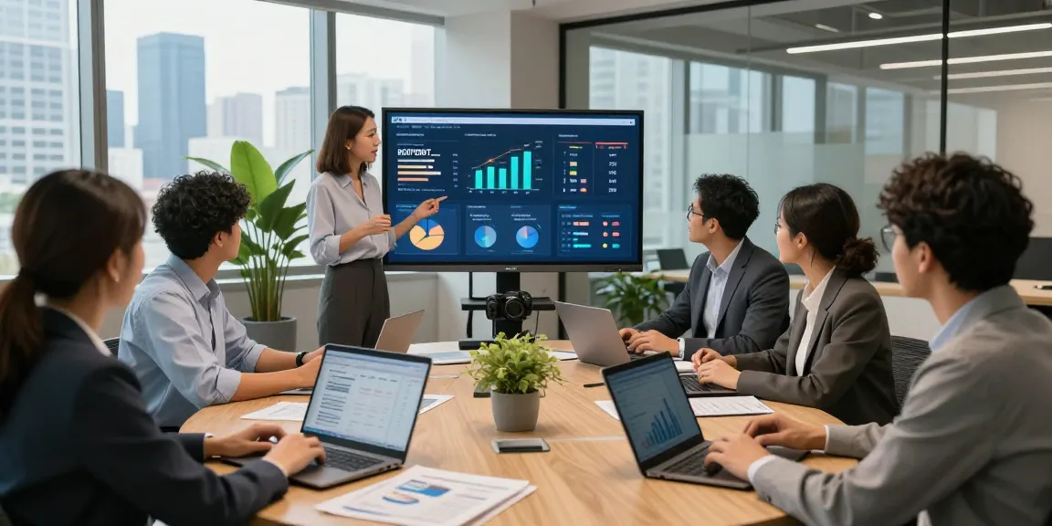 Collaboration in business IT support with a diverse team analyzing data and strategy in a modern office.