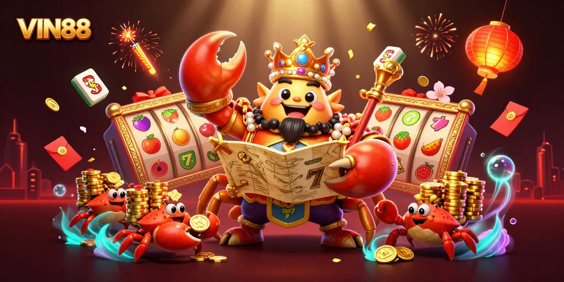 VIN88 showcases a vibrant scene with a golden crab emperor and rich casino elements for players.