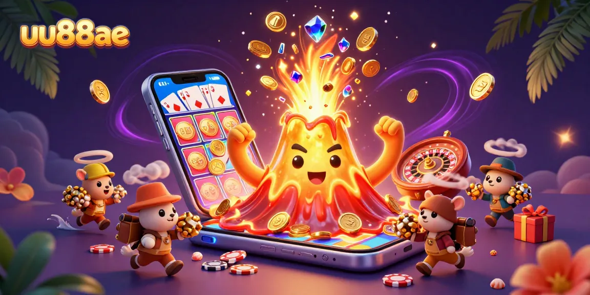 Engage with uu88ae's thrilling casino scene, featuring a golden volcano erupting coins and treasures.
