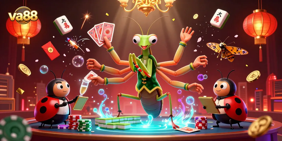 va88 welcomes players with a vibrant casino illustration showcasing a giant praying mantis card sharp and ladybug pit boss.