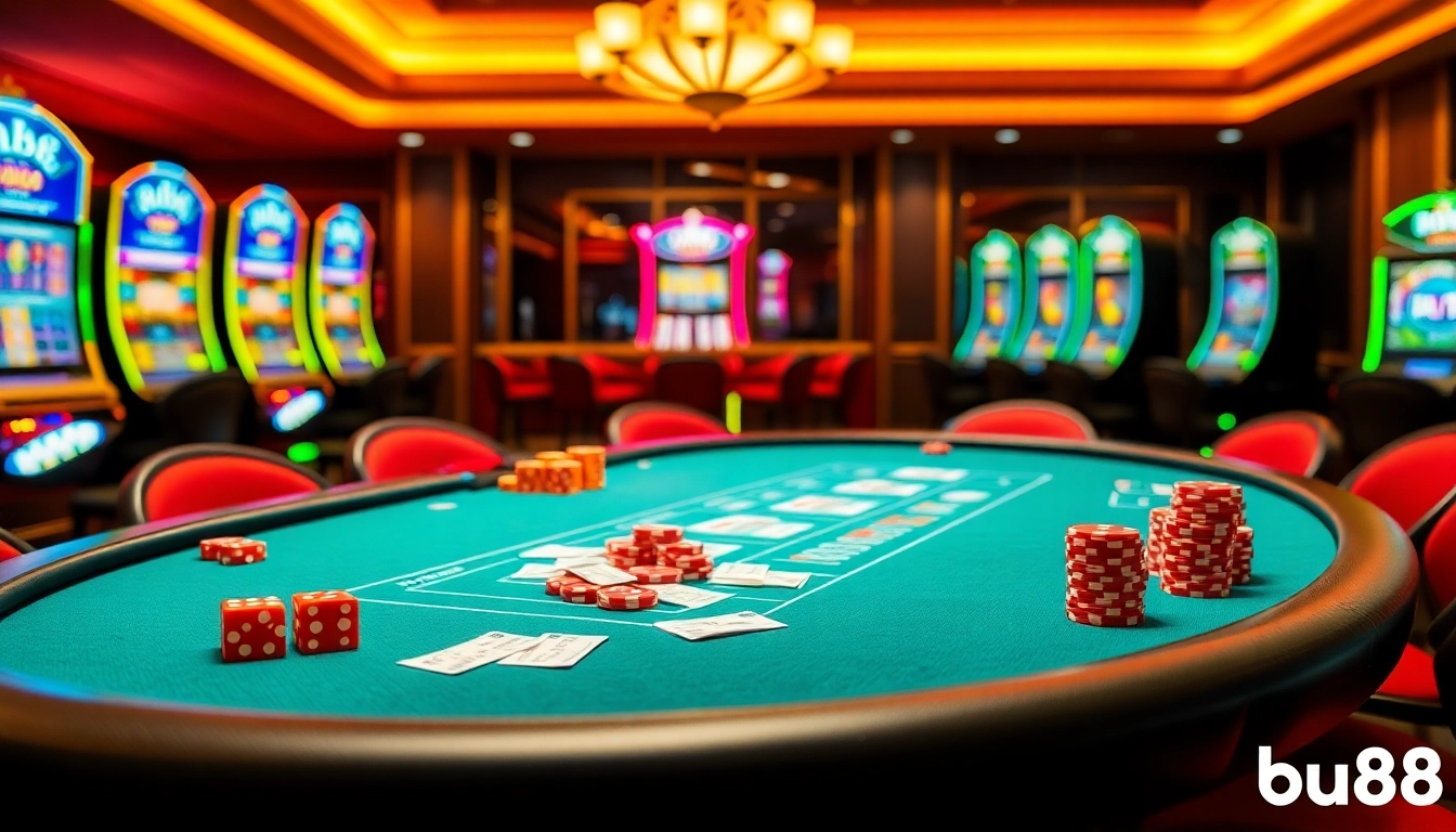 Experience the excitement of gambling at bu88 with vibrant poker chips and casino tables.