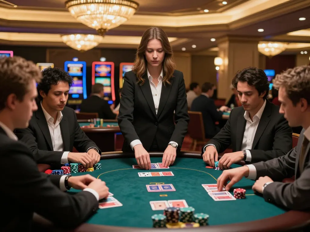 Engaged players in đại lý mm88 poker game at an upscale casino table, showcasing strategic gameplay.