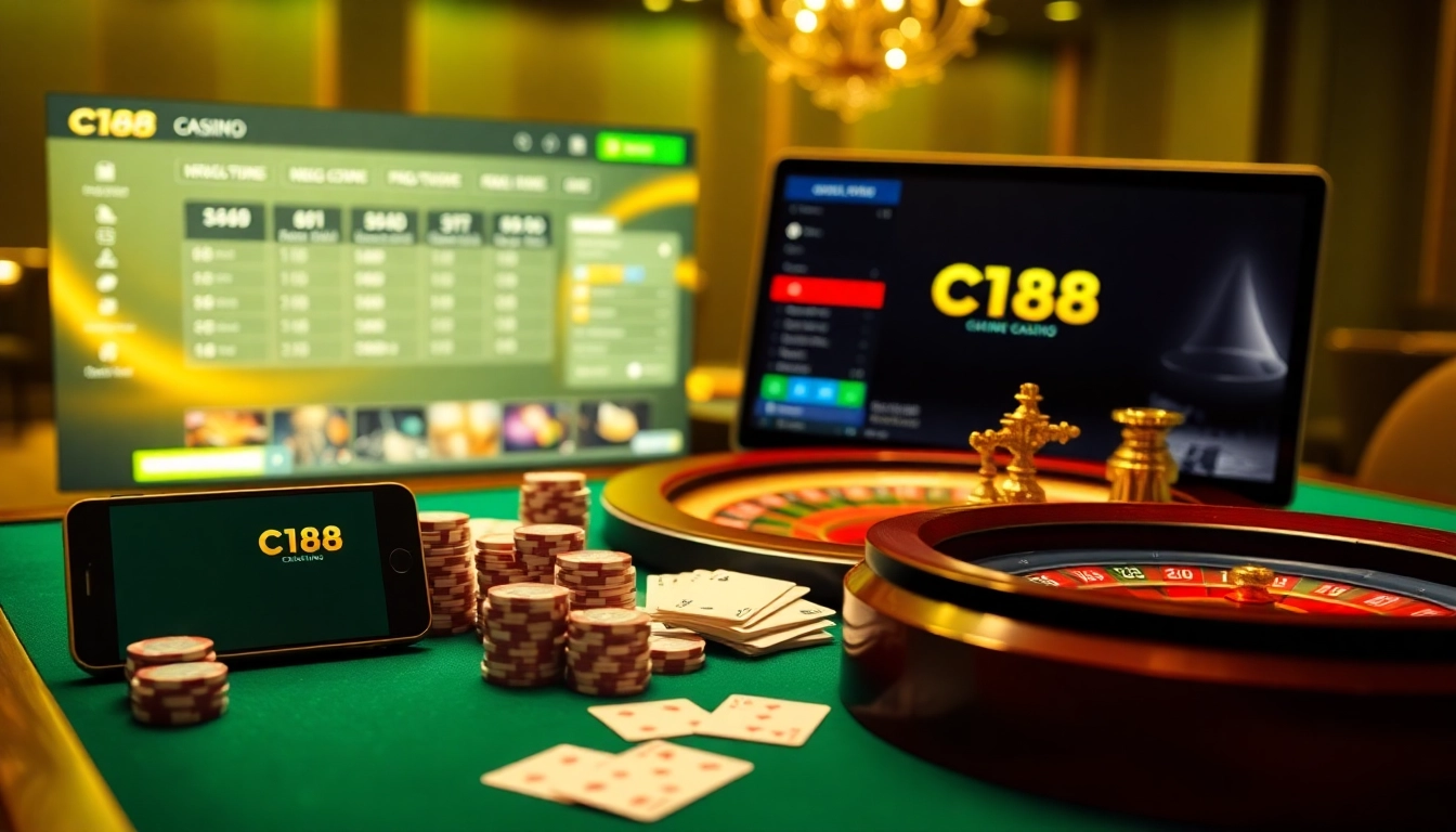 Experience thrilling gaming action at trang chủ c168 with vibrant casino tables, poker chips, and sleek mobile devices.