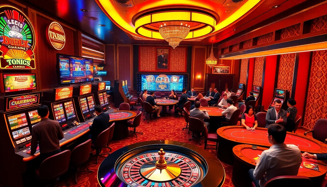 Players enjoying the excitement of gambling at TG88 casino tables and slot machines.