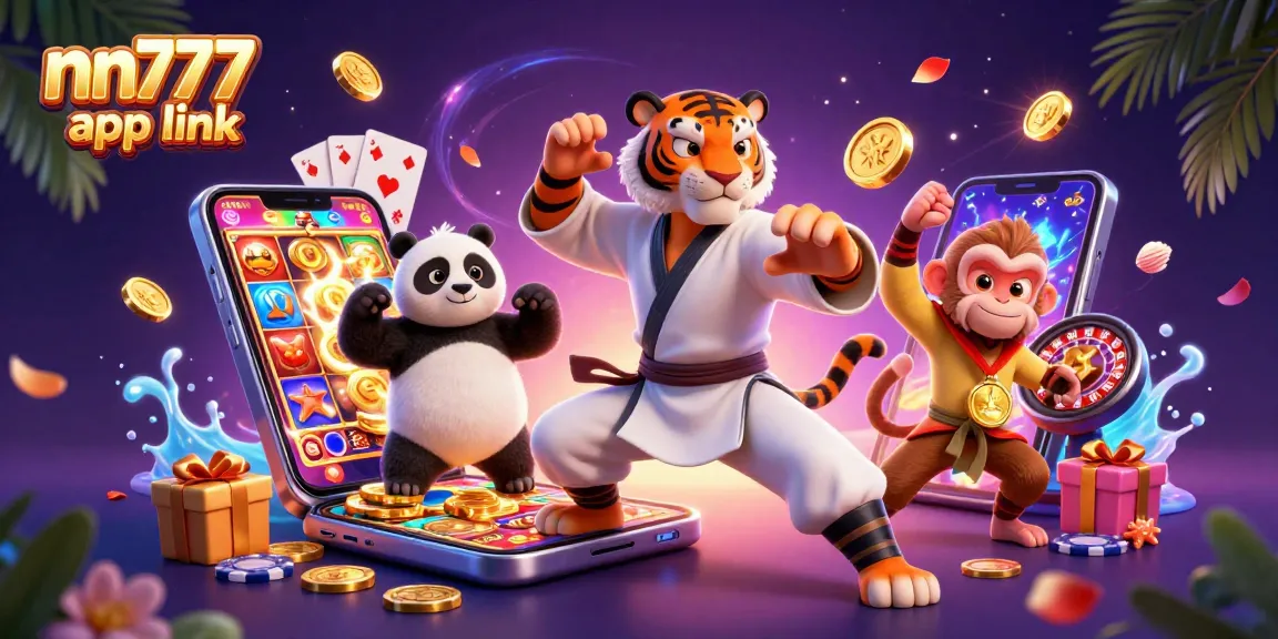 Experience the excitement with the nn777 app link in this vibrant casino-themed illustration.