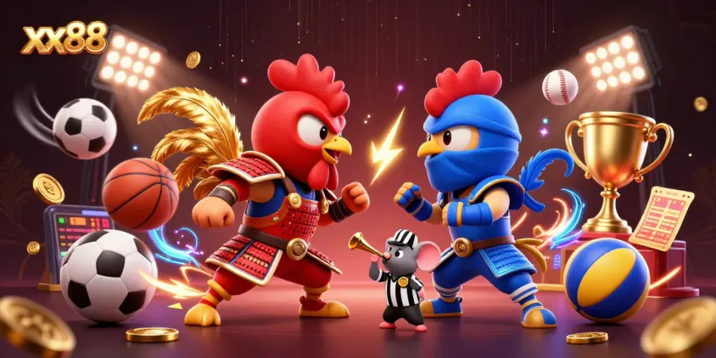 Experience thrilling gameplay at xx88 with a vibrant illustration of battling roosters symbolizing competitive casino action.