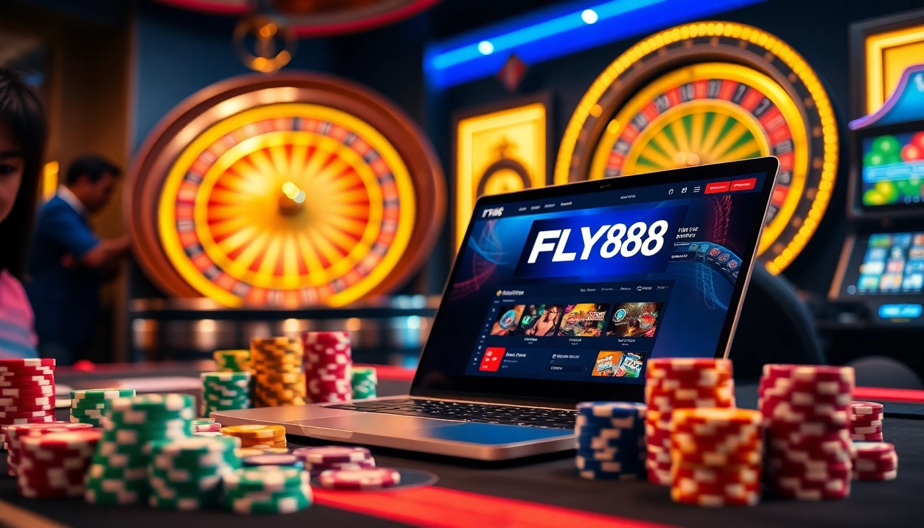 Players enjoying online gaming at FLY88 with poker chips and a roulette wheel.