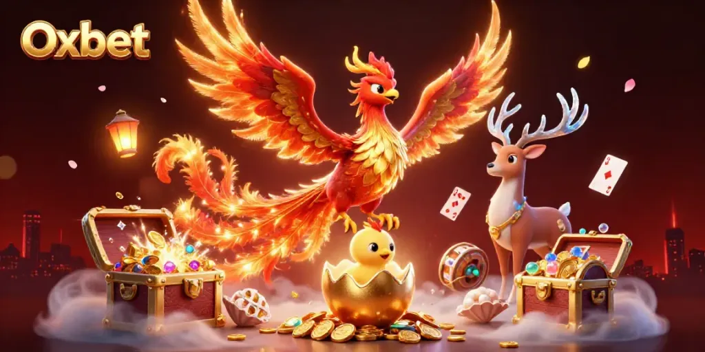 Experience thrilling gameplay with Oxbet's action-packed casino illustration featuring phoenixes and treasures.