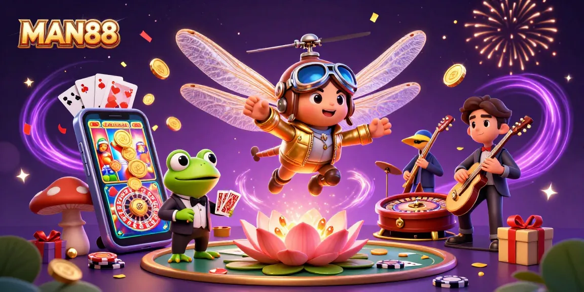 Experience thrilling excitement at MAN88's unique casino scene with a dragonfly pilot and frog croupier.