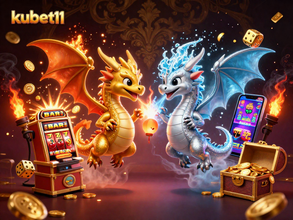 Engage in thrilling games at kubet11, featuring dynamic dragons in a vibrant casino scene.