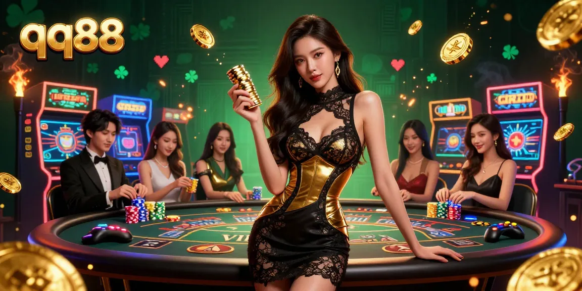 Experience the thrill of qq88 at a VIP casino table with stunning golden chips and vibrant game elements.