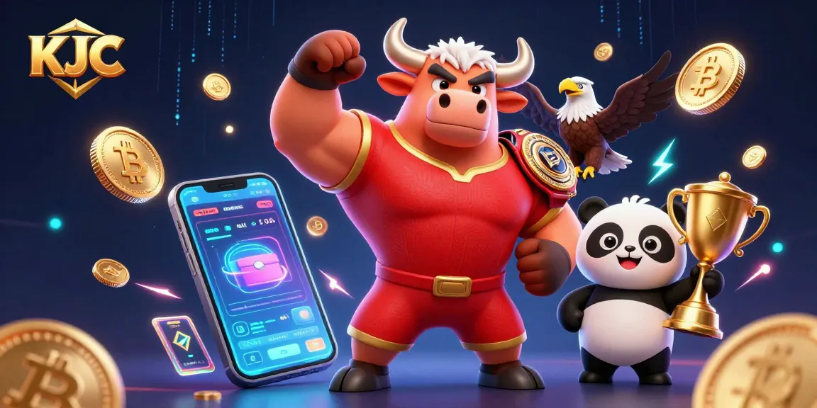 Play exciting games at KJC with a muscular mascot celebrating a major win alongside an eagle and panda.