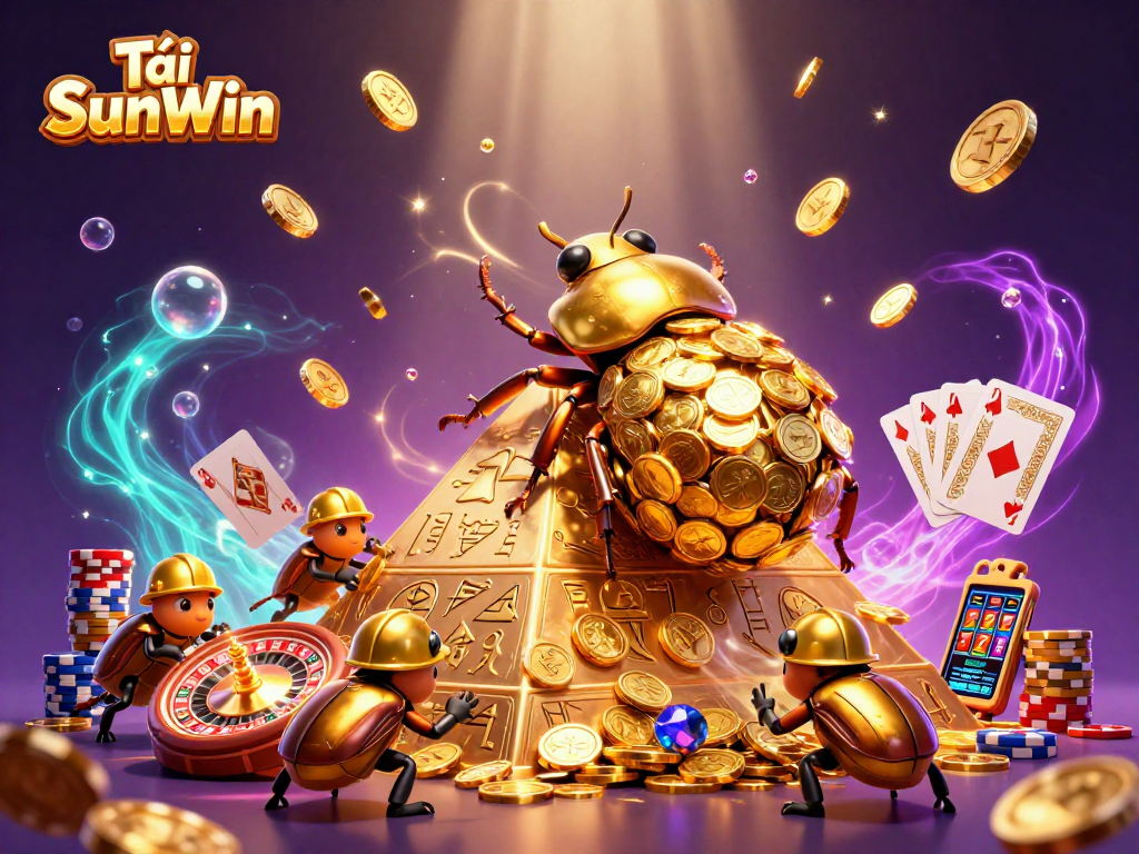 Tải SunWin showcases a golden dung beetle rolling coins amidst vibrant casino elements, enhancing gaming excitement.