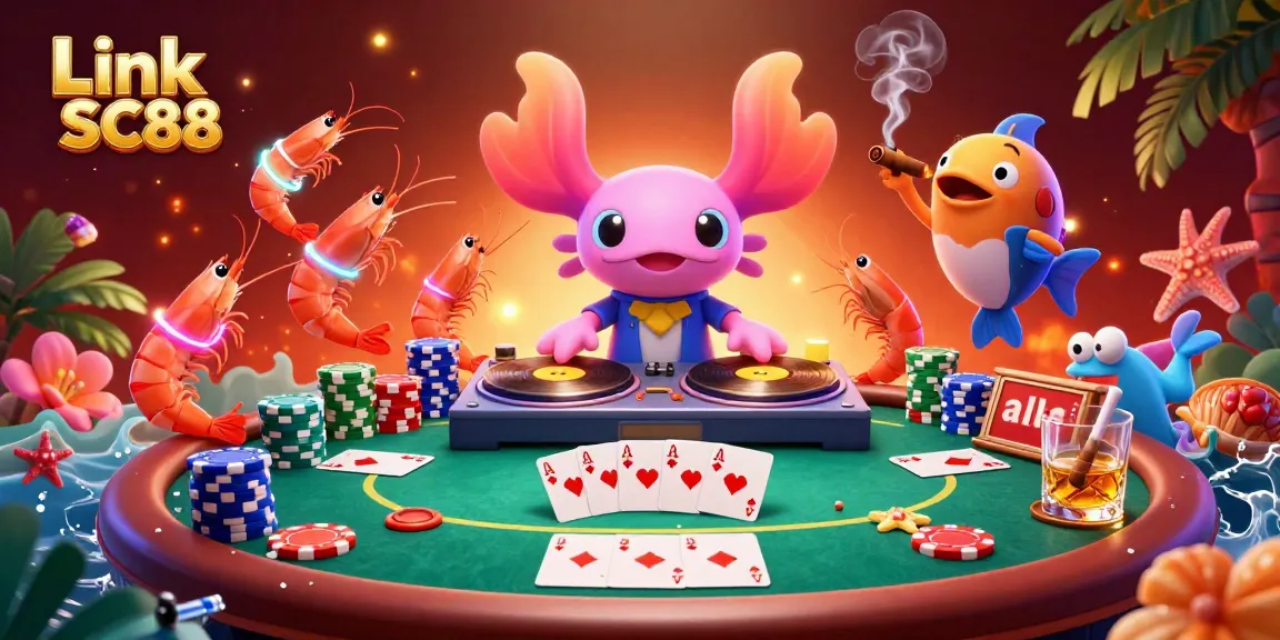 Join the action with Link SC88 while the axolotl DJ spins poker excitement in a vibrant underwater scene.