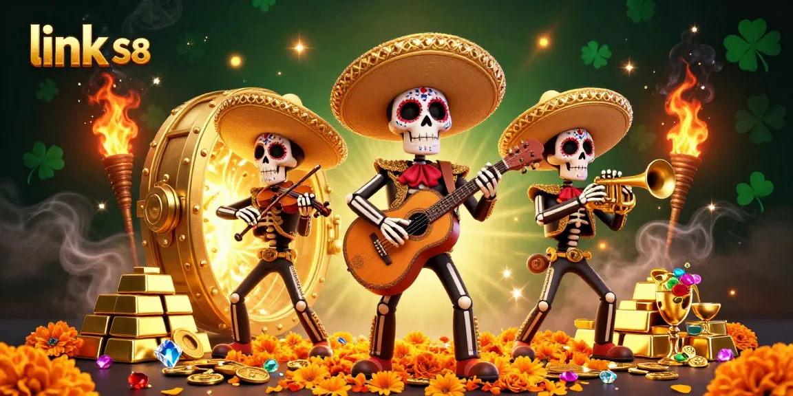 Experience the thrill of winnings with link S8 as colorful mariachi skeletons celebrate amidst treasure.