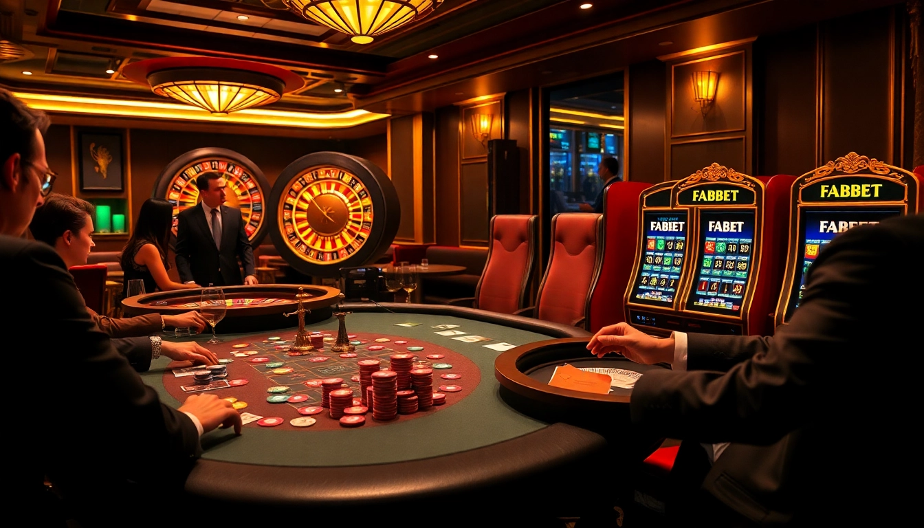 Experience thrilling gameplay at FABET's poker table surrounded by vibrant casino elements.