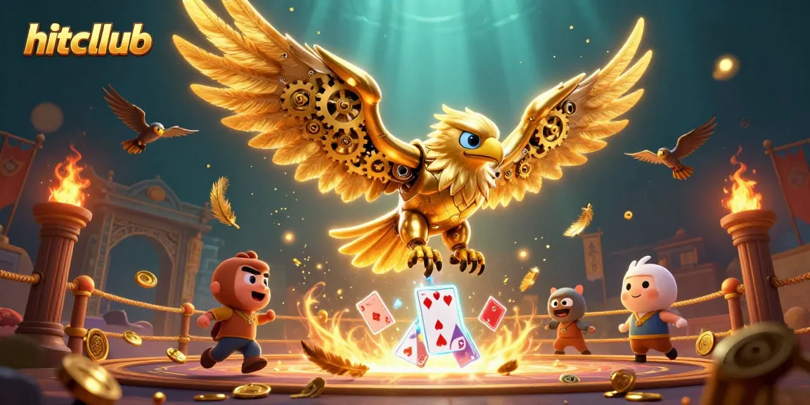Experience exhilarating wins at hitcllub with a dynamic scene of a golden eagle diving through holographic playing cards.