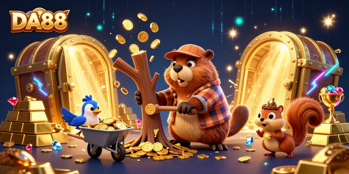 Chop trees for coins with DA88's cartoon lumberjack beaver in a vibrant 3D casino scene.
