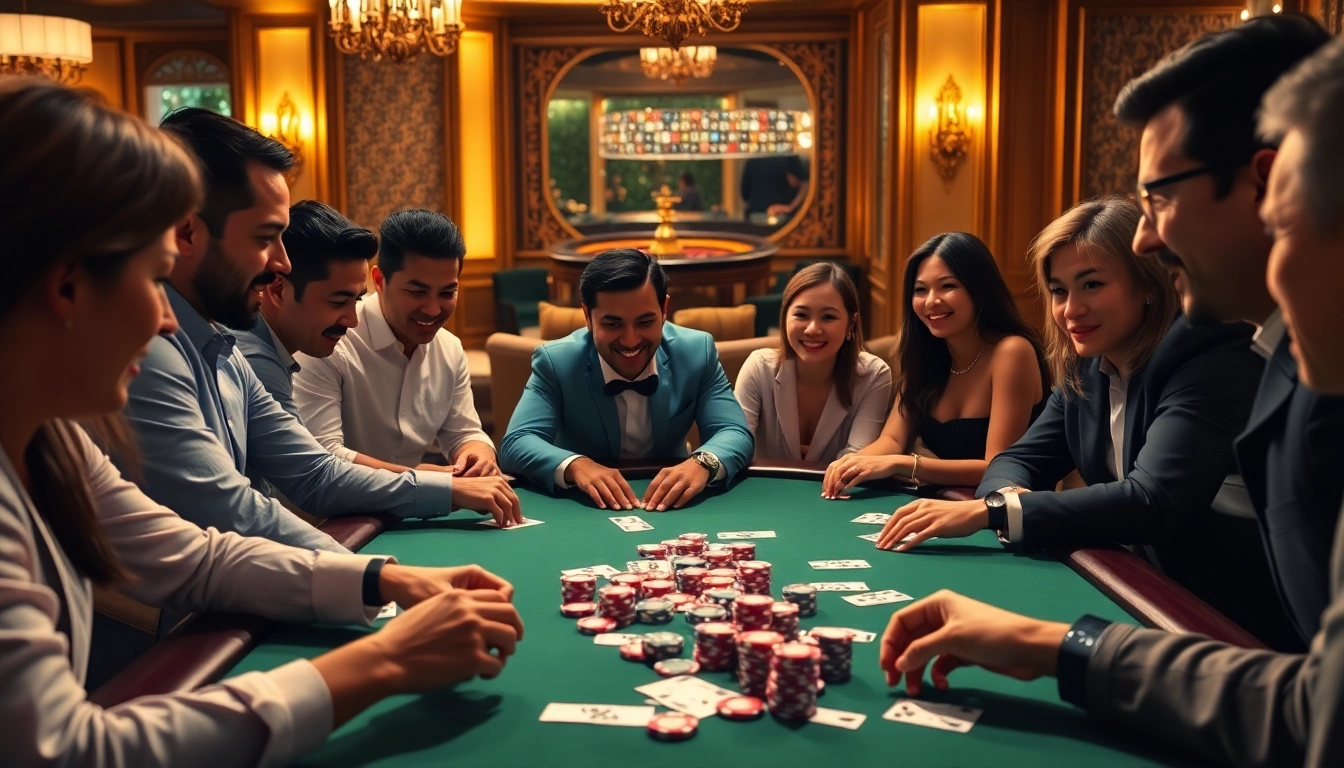 Experience the thrill of poker at a luxurious vipwin casino table with players and vibrant chips.