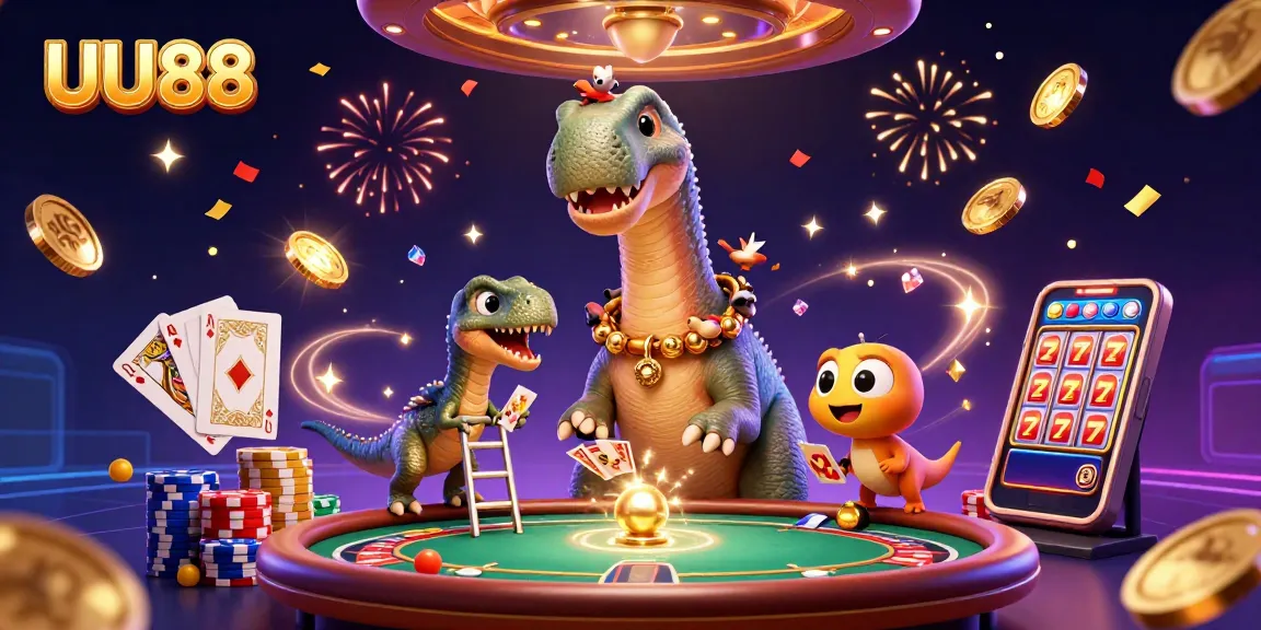UU88 brings excitement with a towering brontosaurus dealing cards at a vibrant casino scene.