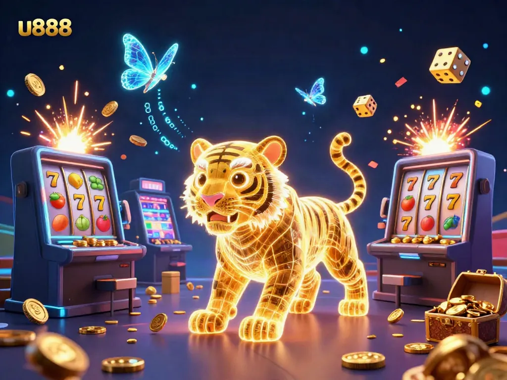 Experience thrilling games at u888 with a golden tiger in a vibrant casino illustration, capturing jackpot excitement.