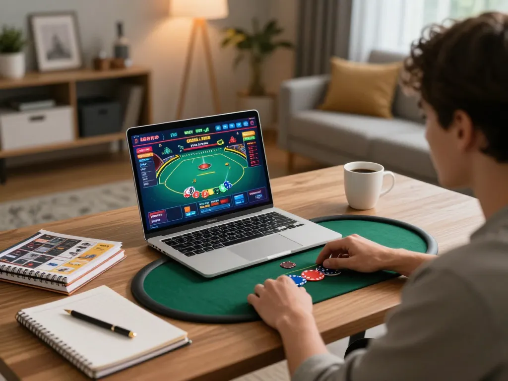 Player concentrating on poker game at ww88 online casino, cozy home setting with warm lighting.