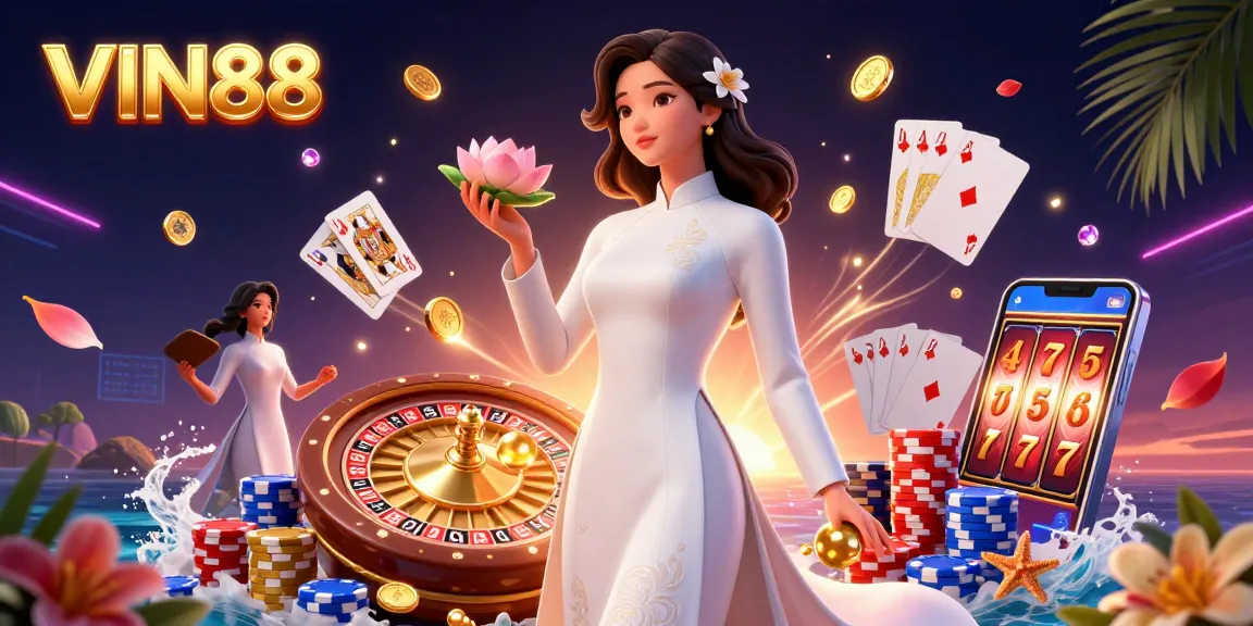 Experience WINNING with VIN88 through this vibrant 3D illustration of online casino excitement.