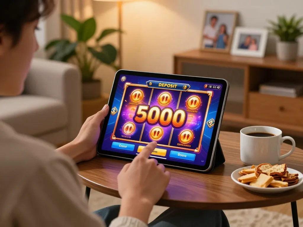 Engaging in slot deposit 5000 on a tablet shows excitement in a cozy home setting.