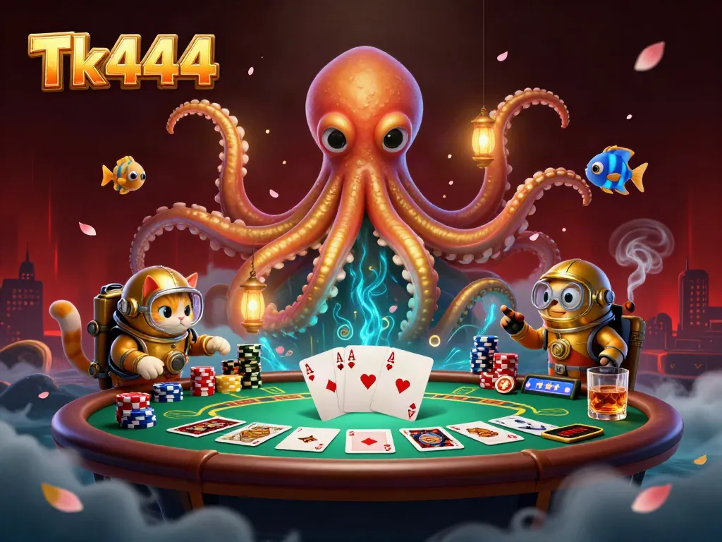 Join the thrilling action at Tk444 with a 3D illustration featuring a kraken and poker scene.