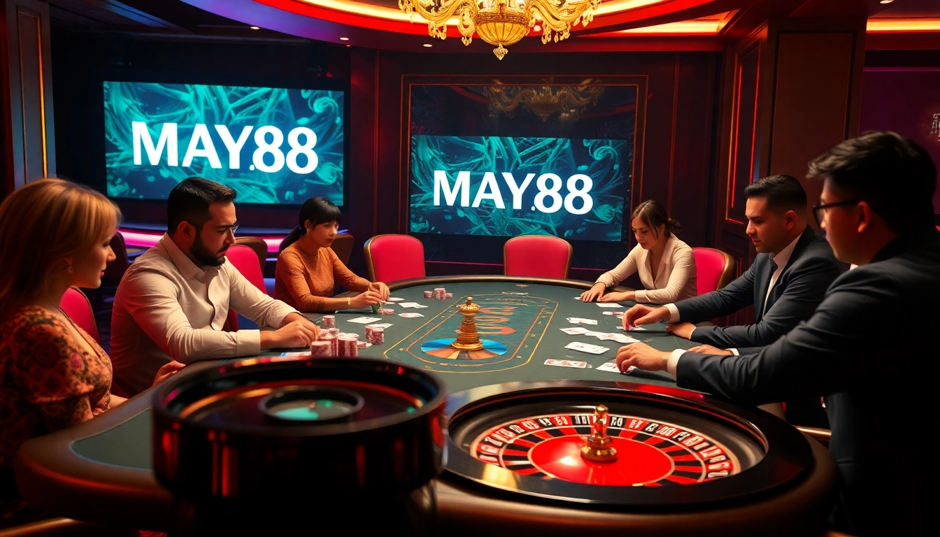 Immerse in the thrilling gameplay at MAY88's live casino, featuring vibrant poker tables and chips.