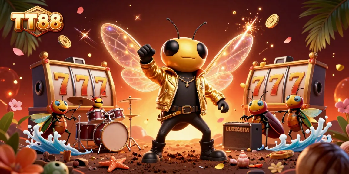 Experience the thrill of TT88 with a buzzing rock star cicada, alongside dynamic slot reels and vibrant elements.