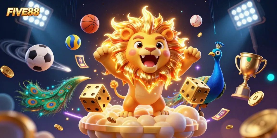 Engage in thrilling gameplay at FIVE88, surrounded by vibrant casino elements and spectacular energy.