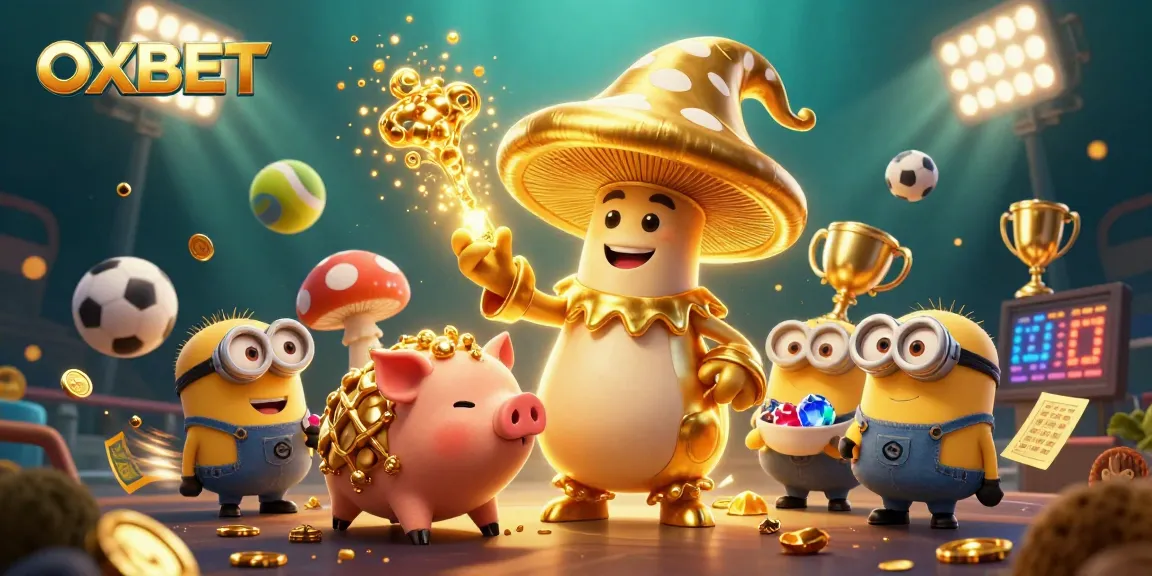 Experience the excitement of OXBET with dynamic sports balls and magical golden treasures in a vibrant casino scene.