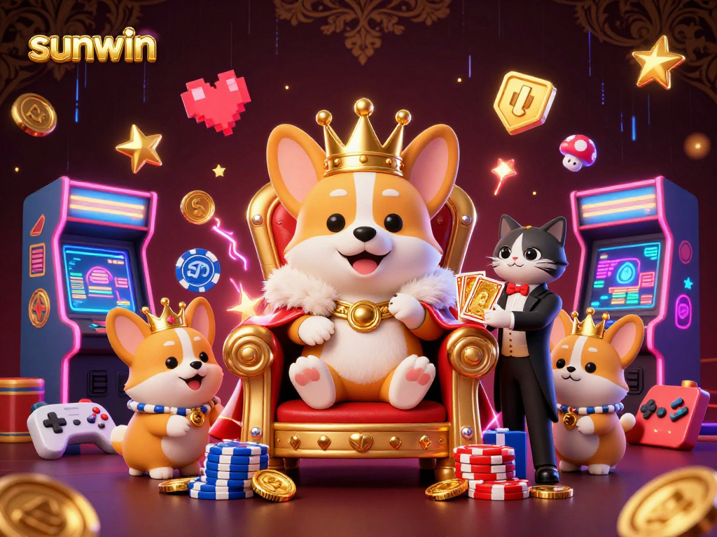 Sunwin's delightful cartoon corgi king rules a vibrant 3D casino kingdom with neon glow elements.