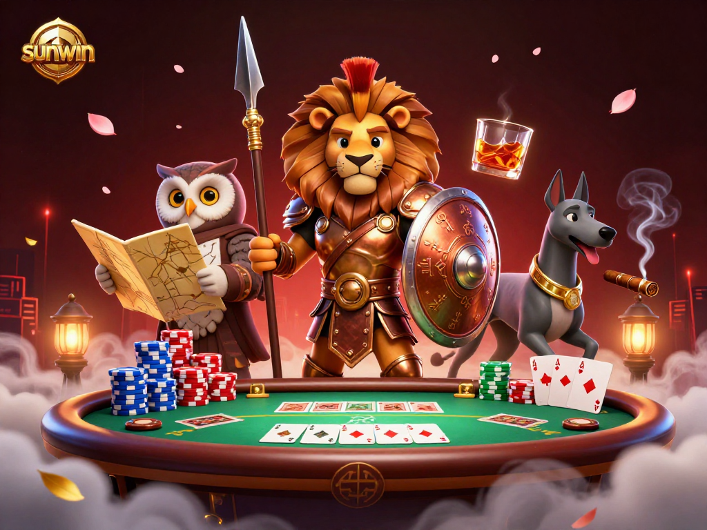 Engage in thrilling poker action with sunwin featuring a Spartan lion and friends.