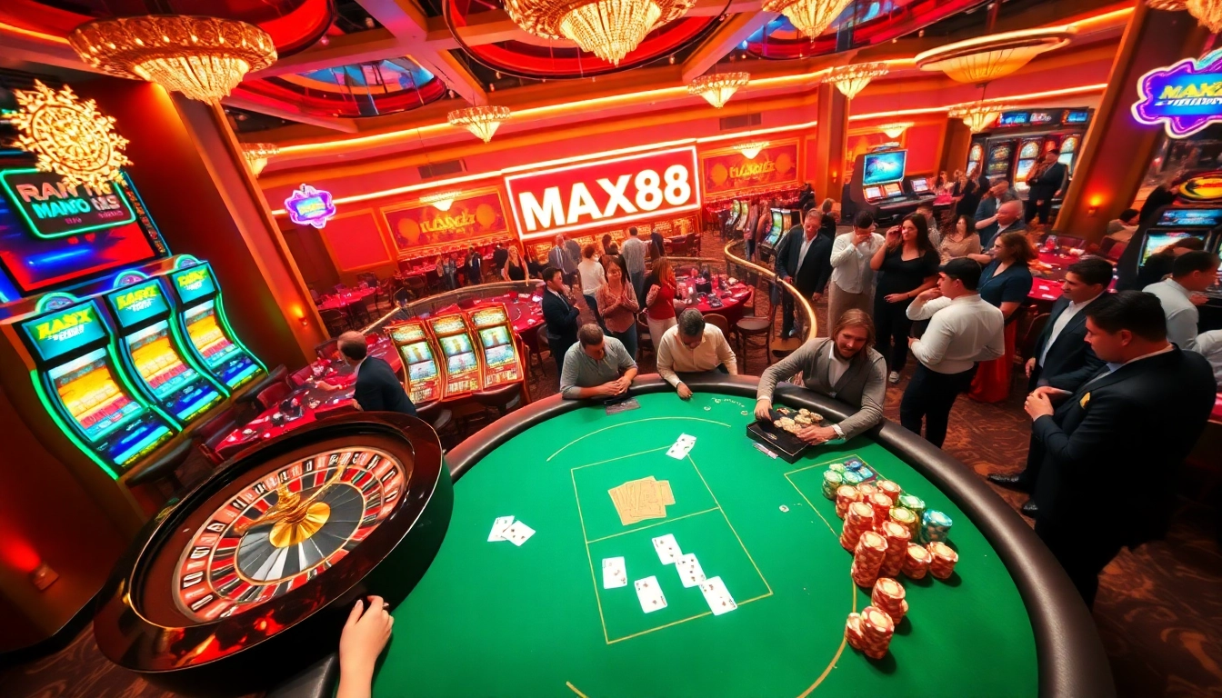 Experience MAX88 in a dynamic, elegant casino with vibrant slot machines and engaged gamblers.