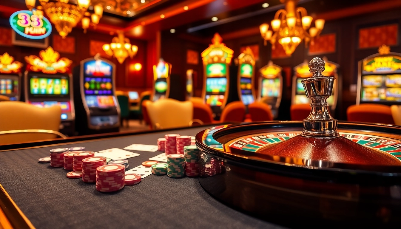 Players engaging in thrilling online games at 33WIN's casino tables, showcasing vibrant poker chips and cards.