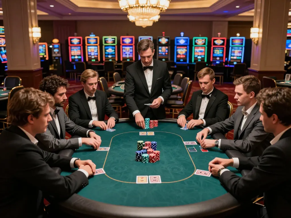 Players engaging in an intense Vin88 poker game with vibrant casino atmosphere.