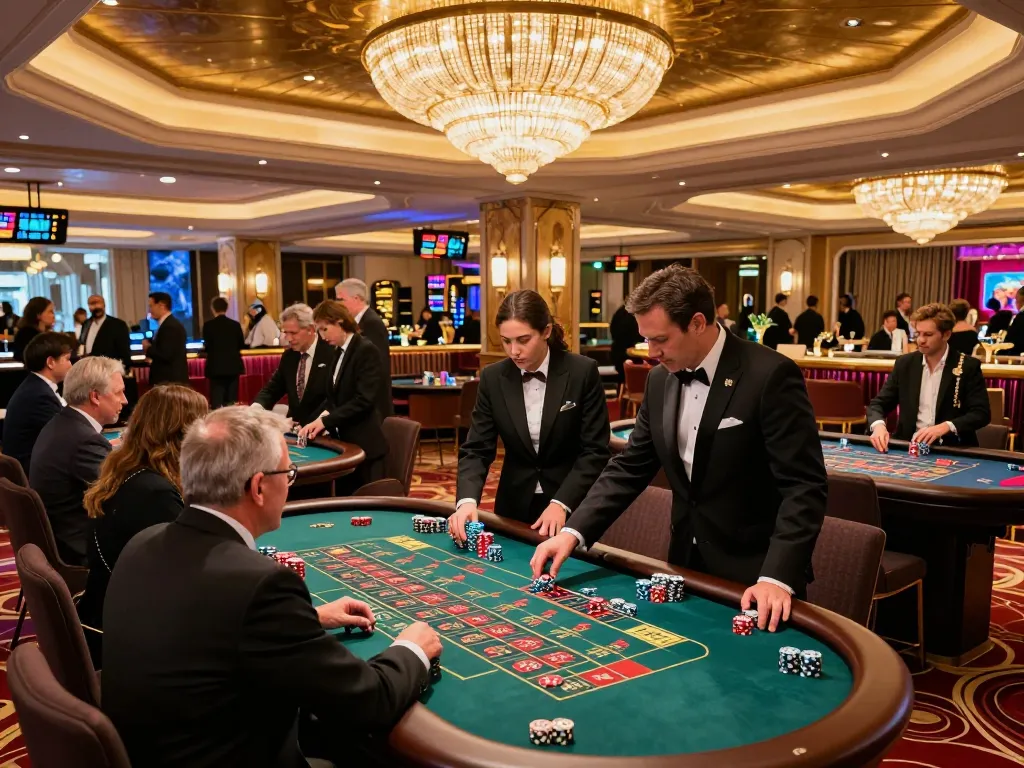 Players enjoying games at 8live casino with dealers managing bets in a lively atmosphere