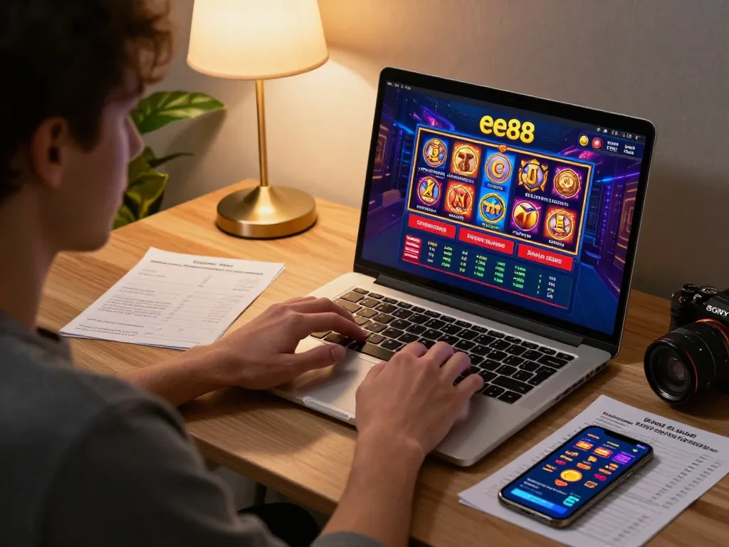 Player engaging with ee88 online casino on laptop, showcasing a strategic gambling atmosphere.