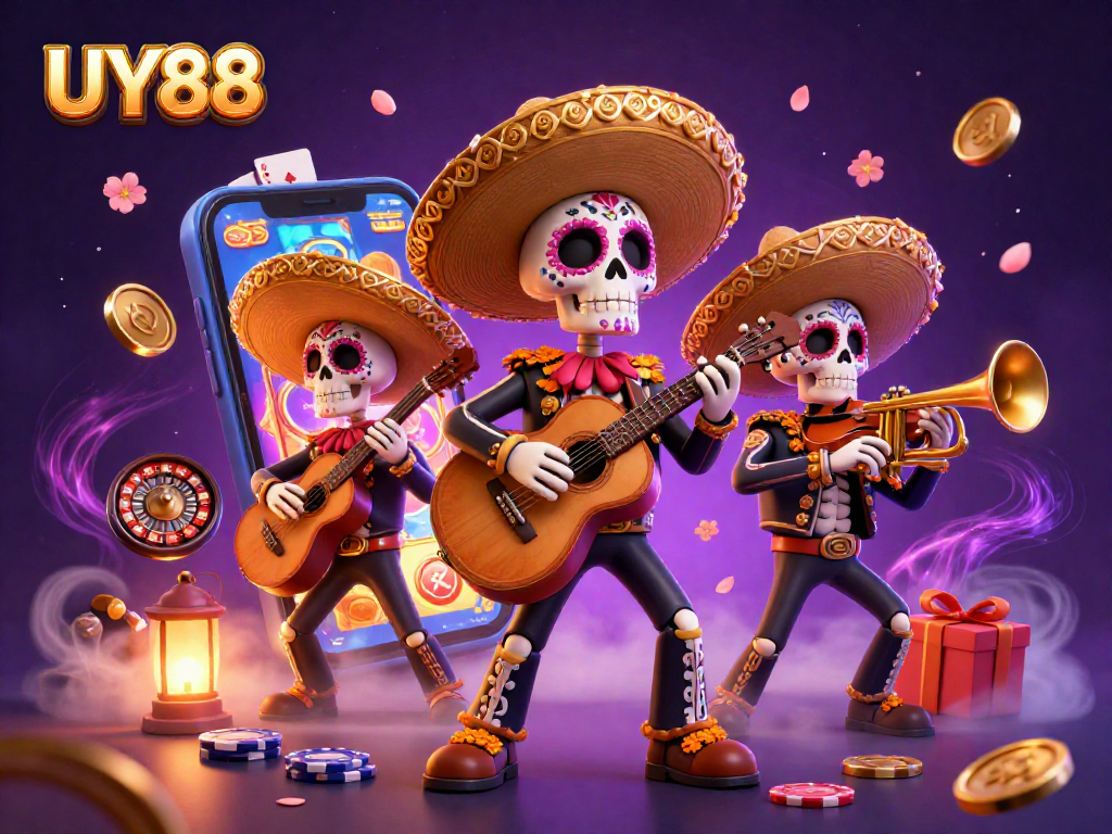 Spin and win big at UY88 with a vibrant Dia de los Muertos mariachi band celebrating casino games.