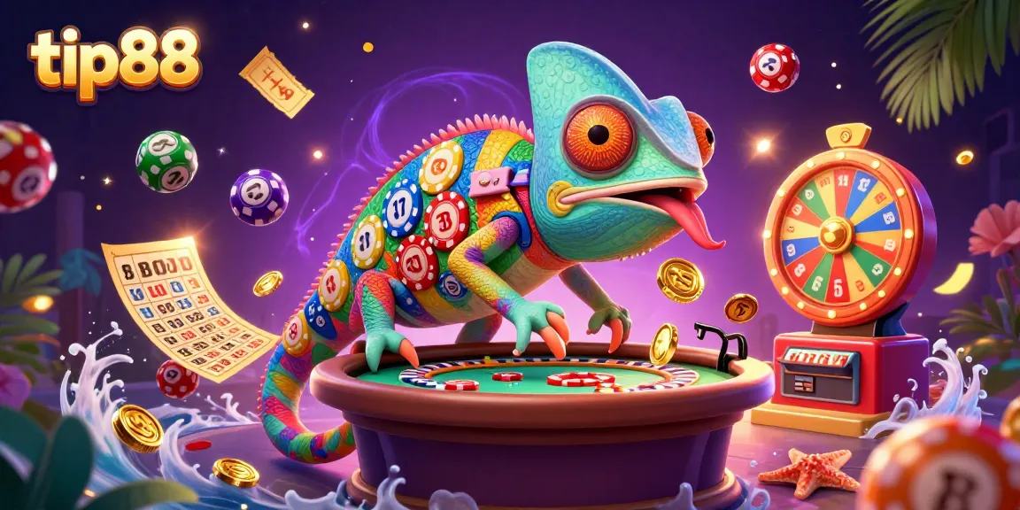 Engage with tip88's casino adventure featuring a colorful chameleon, golden coins, and lottery elements.
