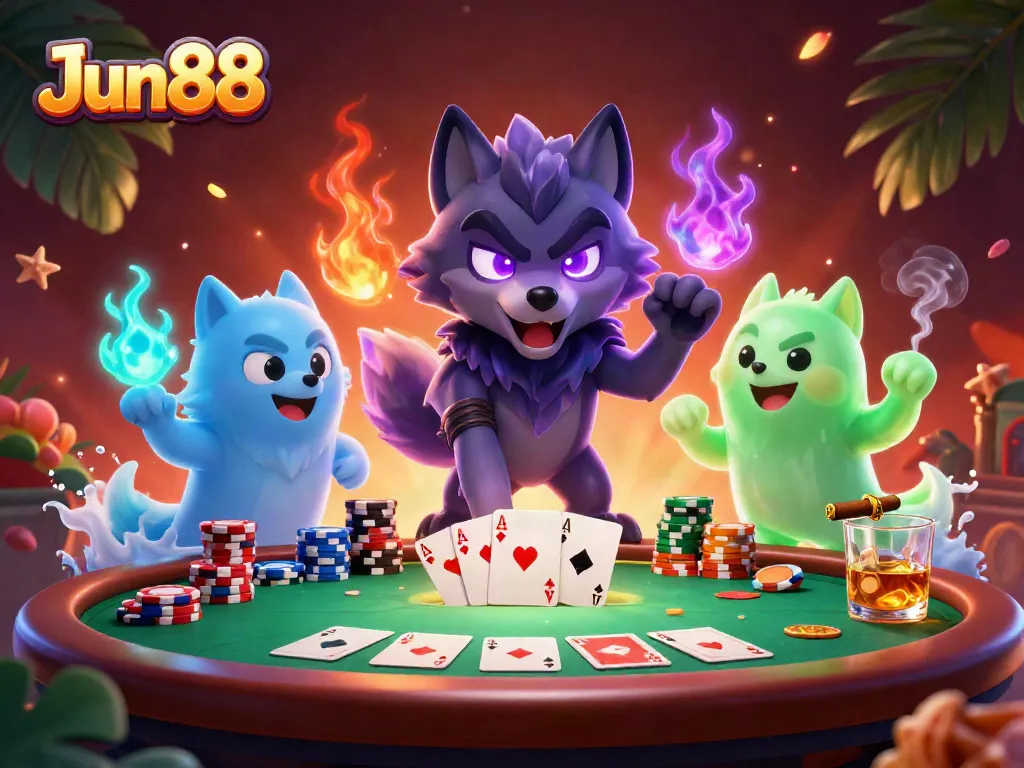 Experience the thrill of Jun88 with ghostly wolves and vibrant poker elements.