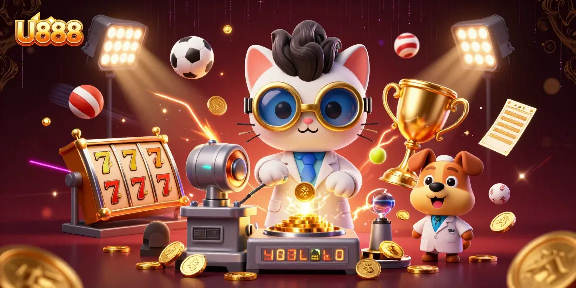 Win big with U888 in this vibrant illustration of a mad scientist and loyal dog in a casino.