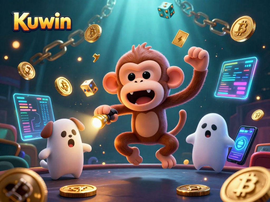 Engage with Kuwin's vibrant casino scene featuring a mischievous monkey and a ghost-hunter puppy.
